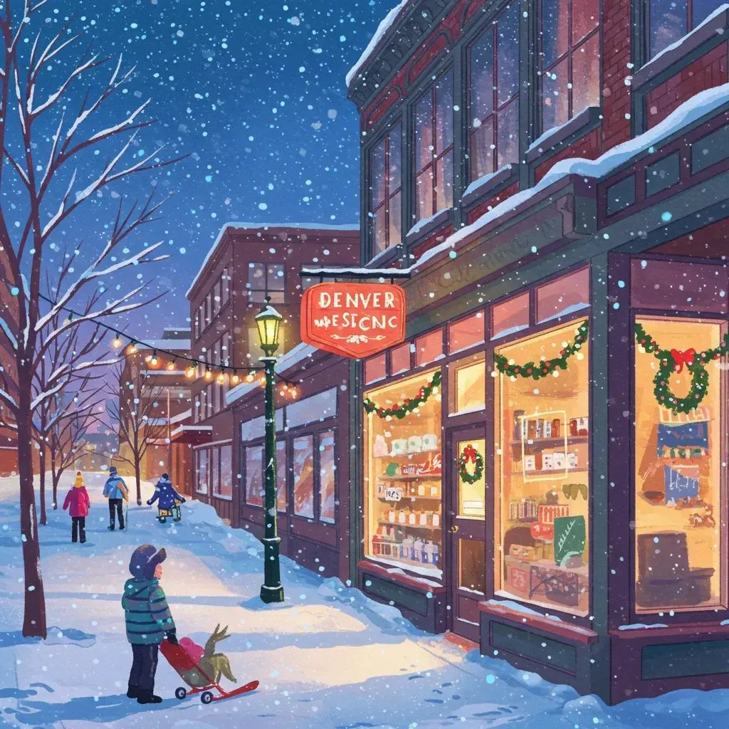 Snowy street scene, lit storefront with holiday decorations. Child with sled, people walking.