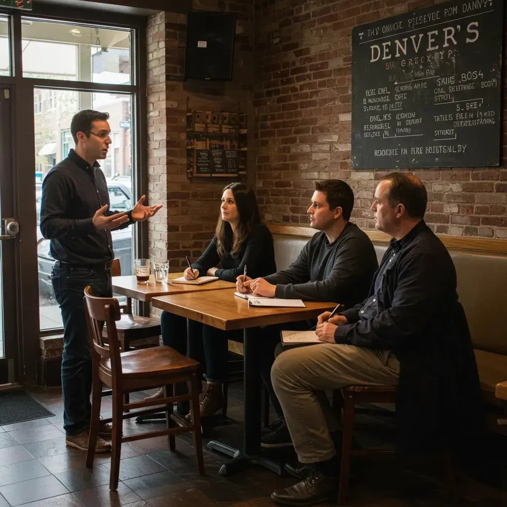 Man speaking to a group seated at a table in a cafe, taking notes. Brick wall, wooden furniture.