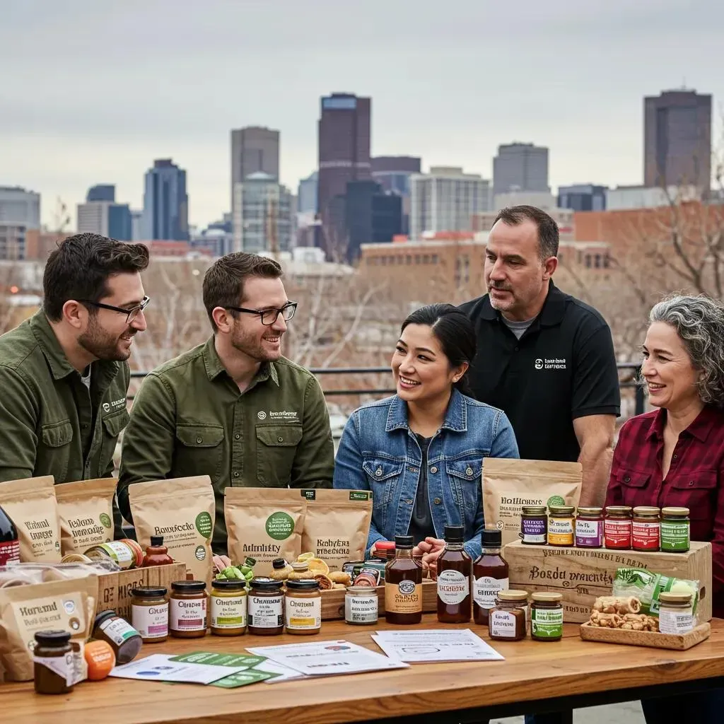 Five people with food products on a table overlooking a cityscape.