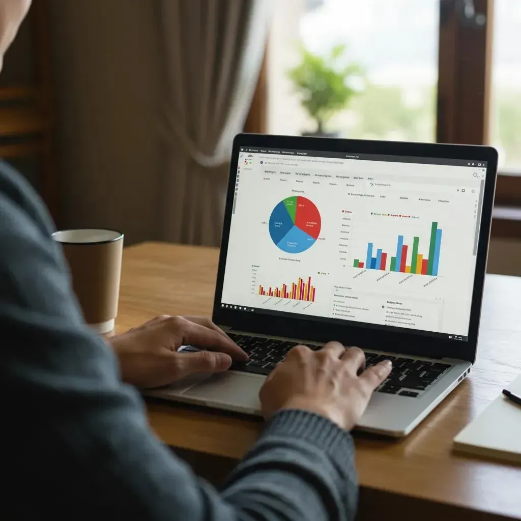 Person working on laptop at a wooden table, viewing charts and graphs. A coffee cup and notepad are nearby.