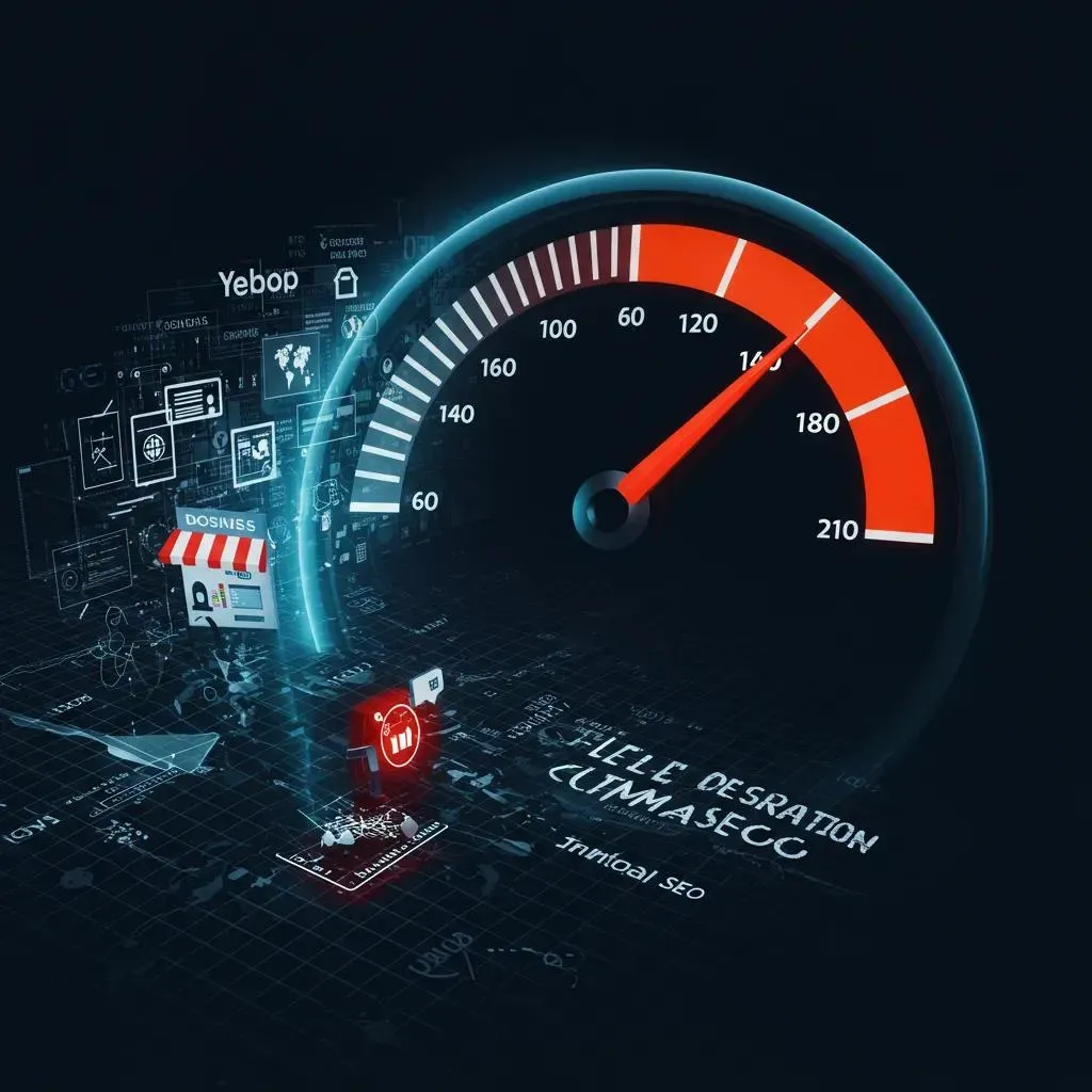 Speedometer displaying high speed with a digital network and online store graphic.
