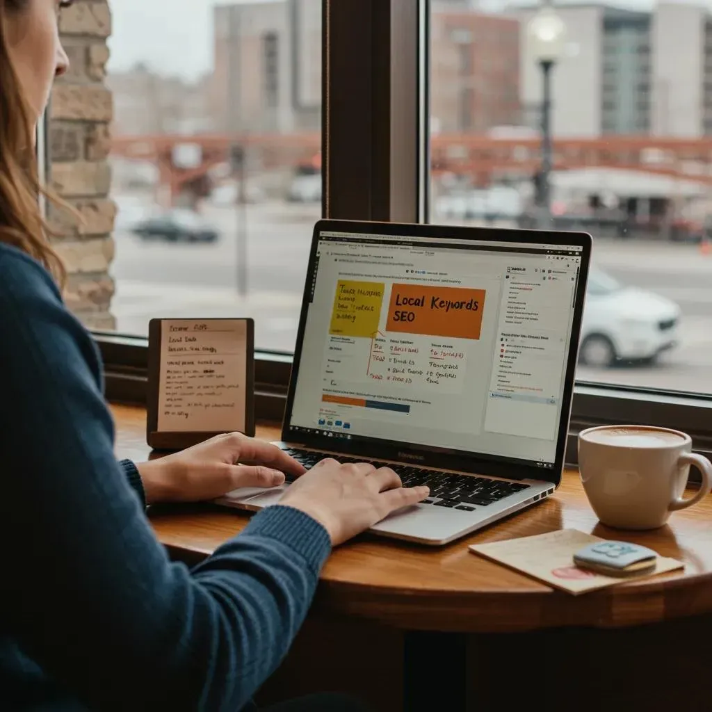 Woman typing on laptop at table by window; notes and coffee nearby.