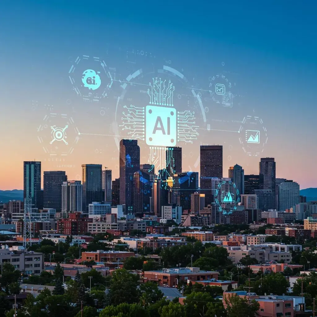City skyline with AI overlay, data visualization icons, and circuit board.