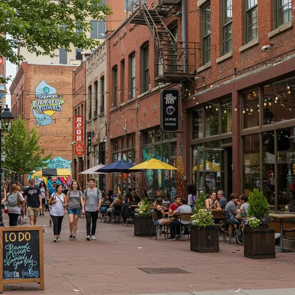 A bustling pedestrian street in LoDo, Denver. People walking, dining at outdoor tables, red brick buildings, and a chalkboard sign.