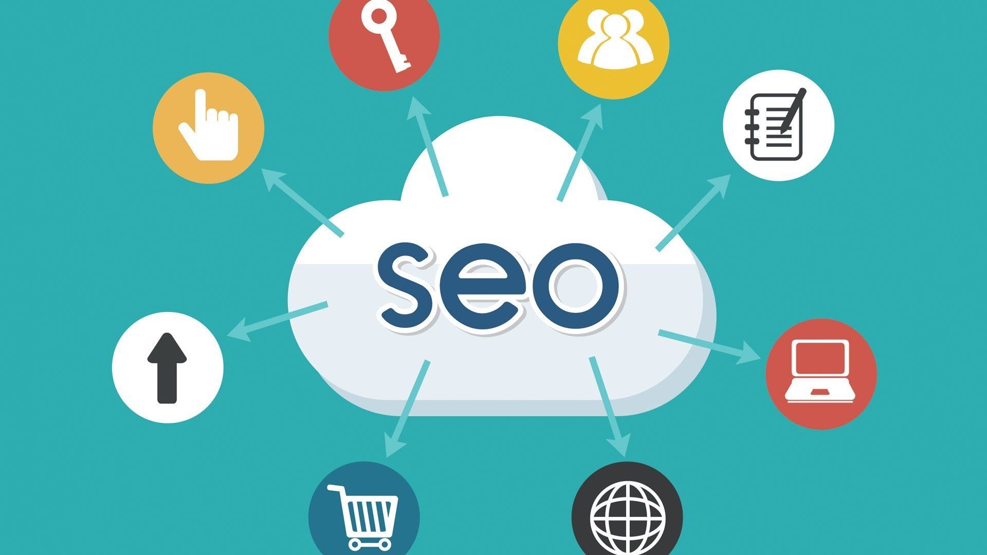 A cloud with the word seo surrounded by icons on a blue background.