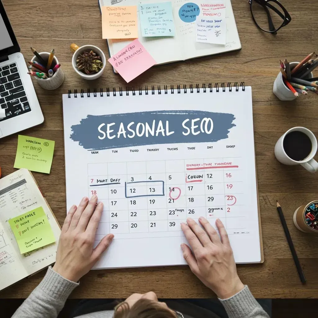 Person planning seasonal SEO on a calendar, surrounded by notes, laptop, and coffee.