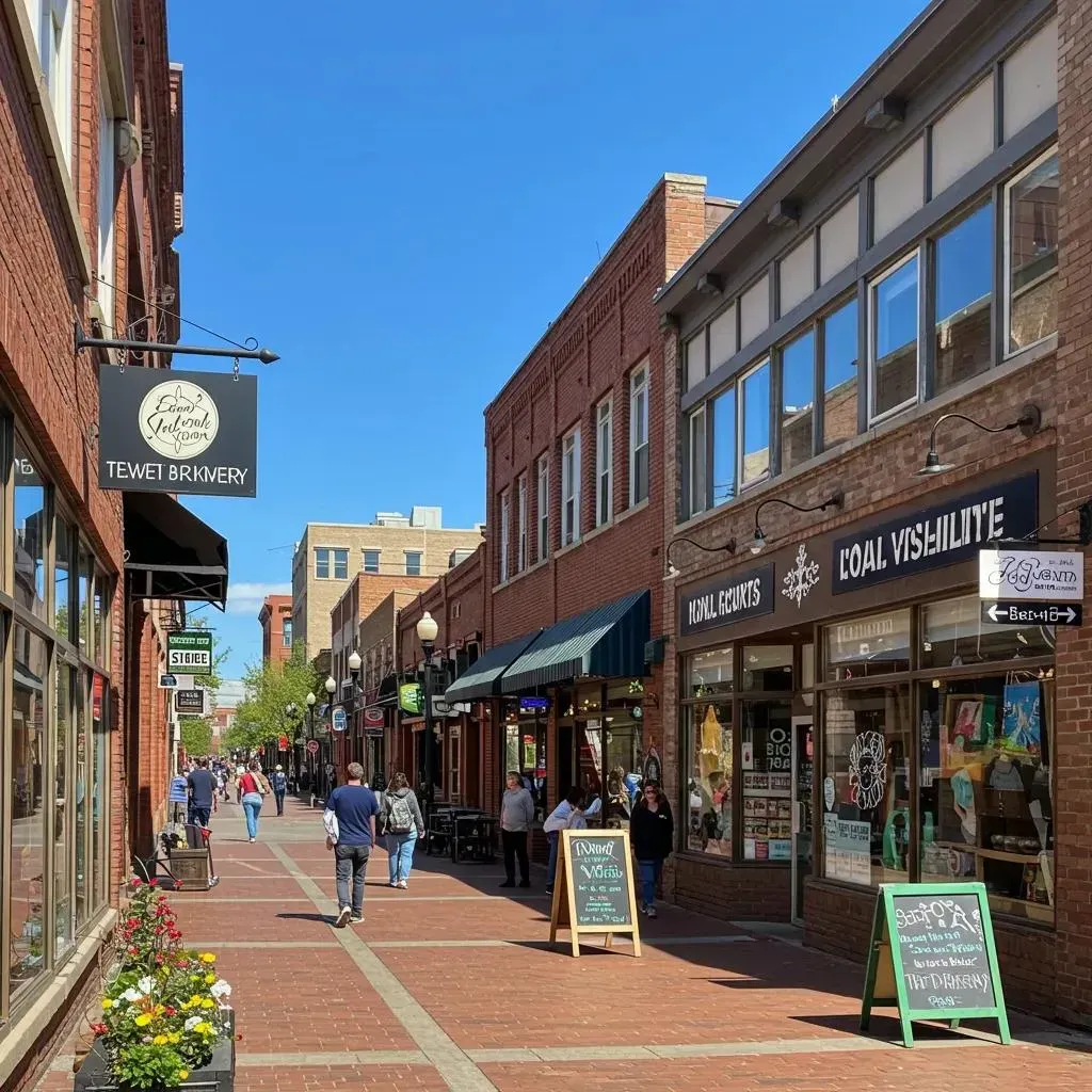 Brick pedestrian street with shops, people strolling on a sunny day.