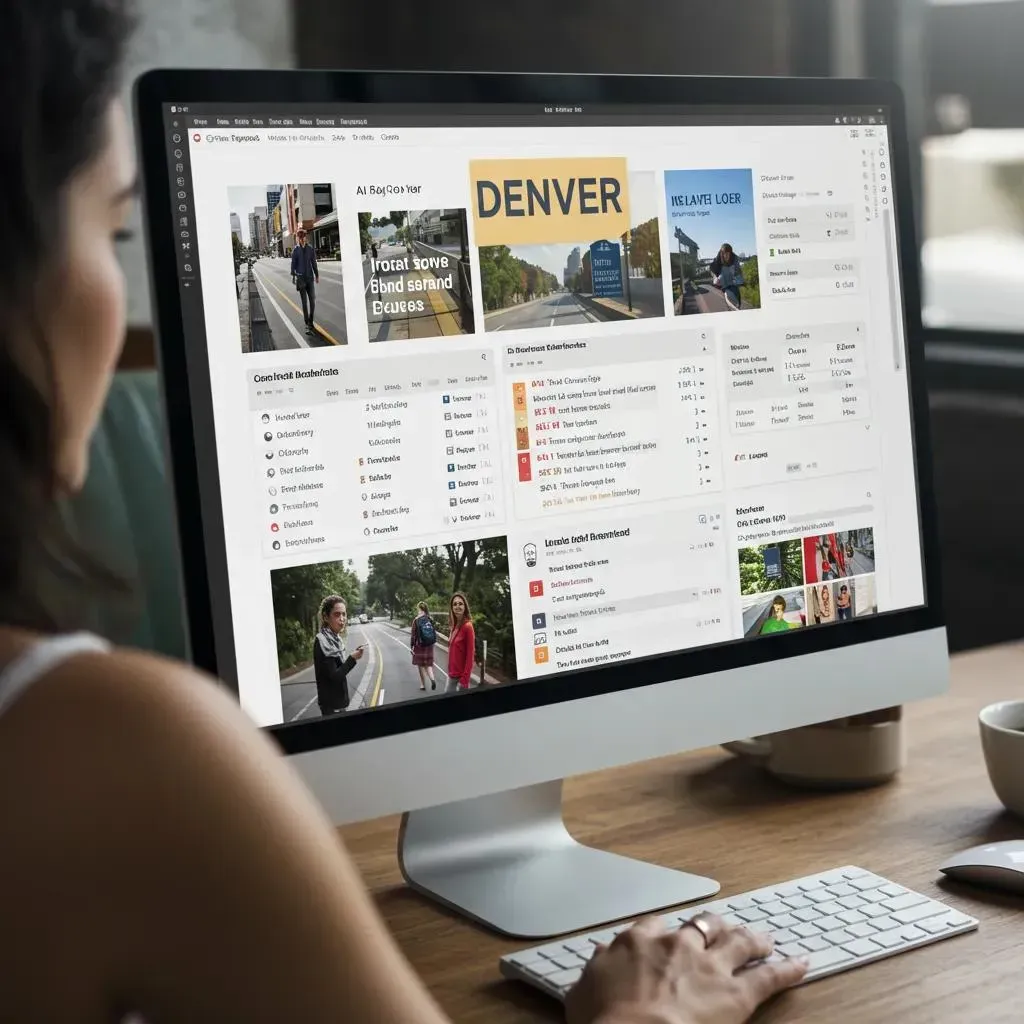 Woman viewing a desktop computer screen with a travel planning interface for Denver.