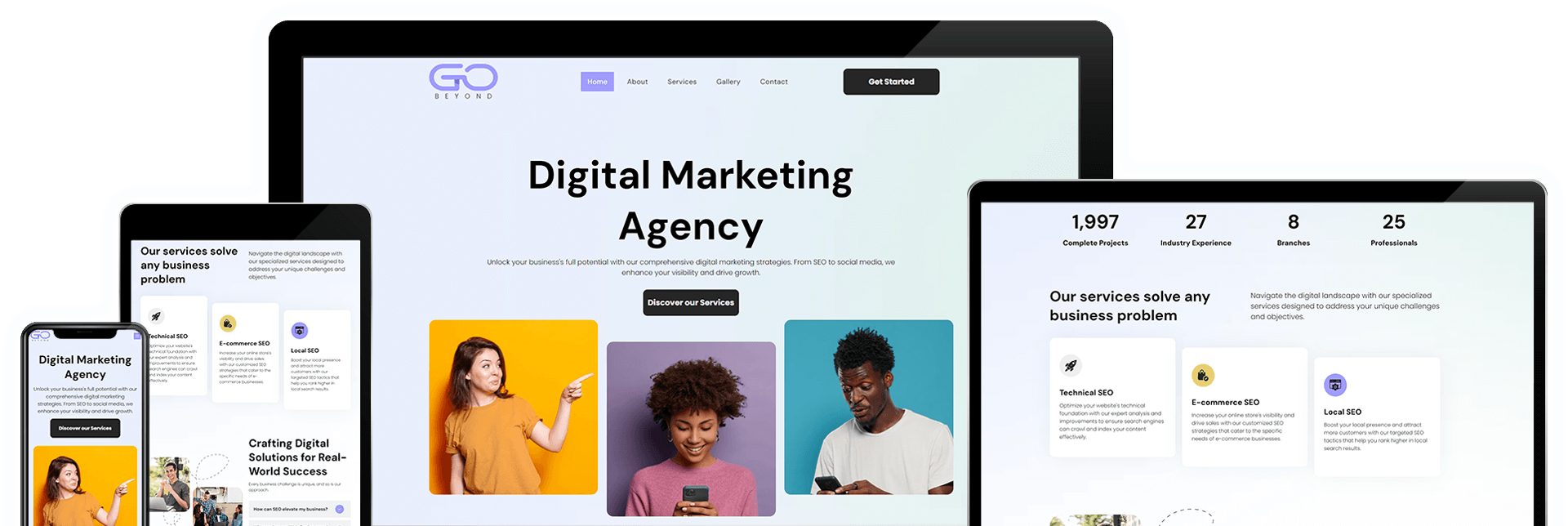 A digital marketing agency website is displayed on a laptop , tablet , and phone.