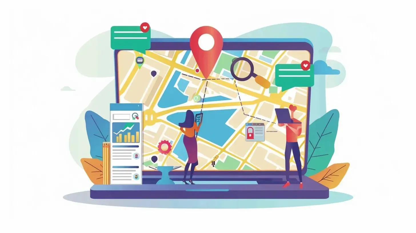 Two people using a laptop with a map and location marker. Data analytics and route tracking.