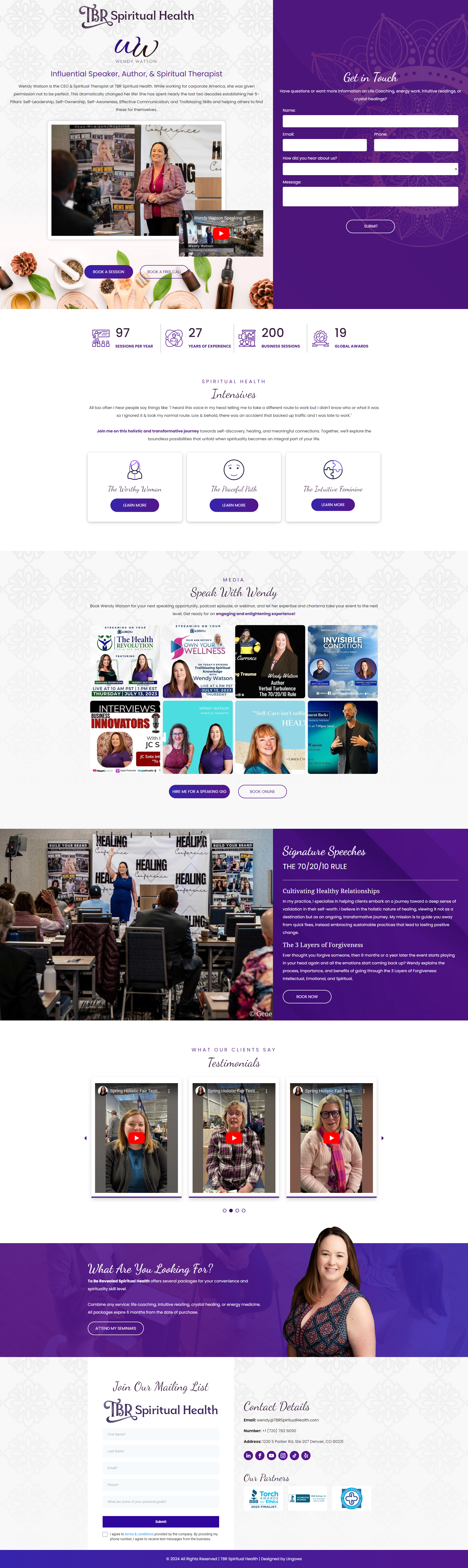 A purple and white website with a woman on it.