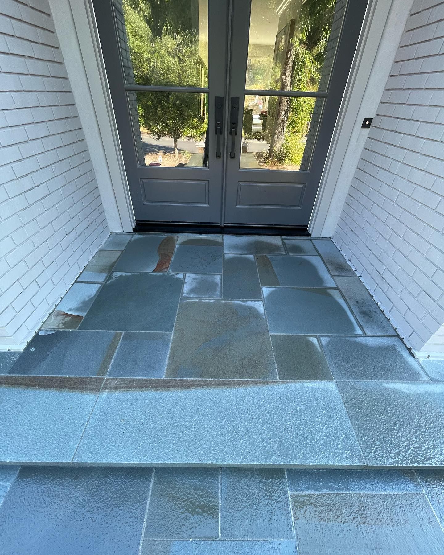 A stone walkway leading to the front door of a house