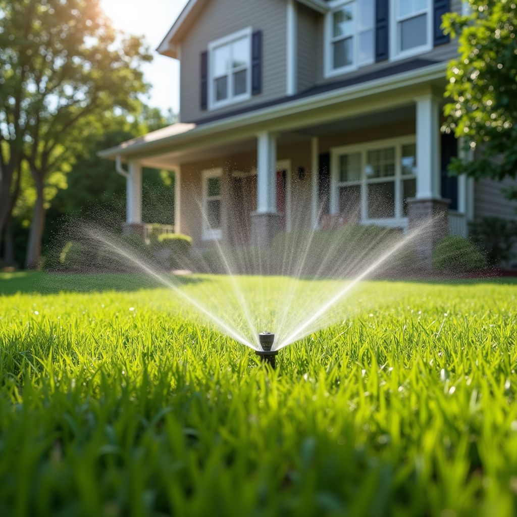 Sprinkler watering green lawn in front of a two-story house.