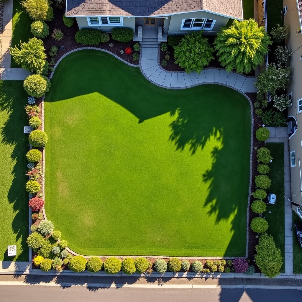 Overhead view of a well-manicured lawn with a house, walkway, and surrounding bushes and flowers.