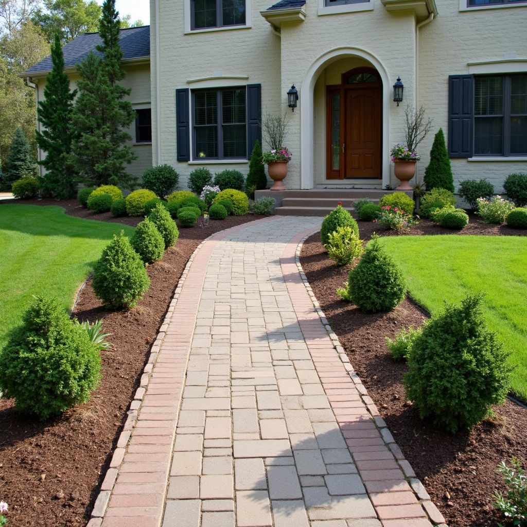 Brick pathway leading to a house with a light facade, flanked by bushes and grass.