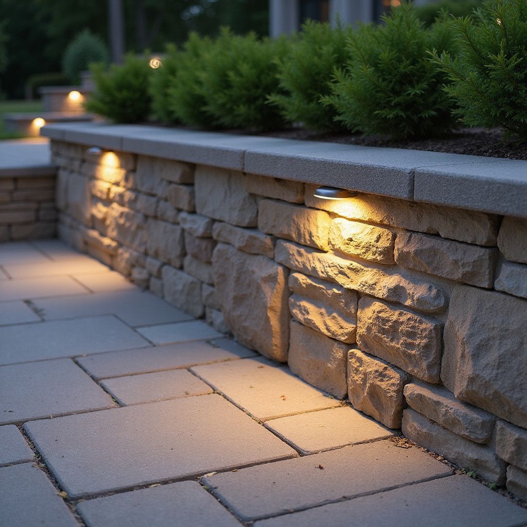 Stone wall with embedded lights illuminating a paved patio and manicured bushes.