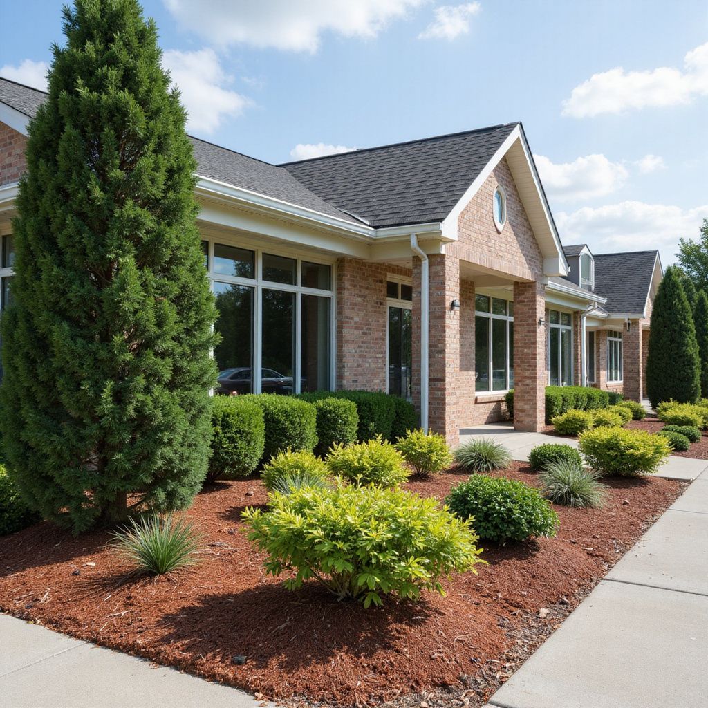Brick building with black roof and large windows; landscaped with bushes and trees, sunny day.
