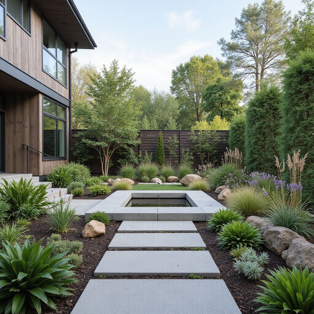 Modern garden with stone path leading to a reflecting pool, surrounded by lush greenery and a wood-clad house.