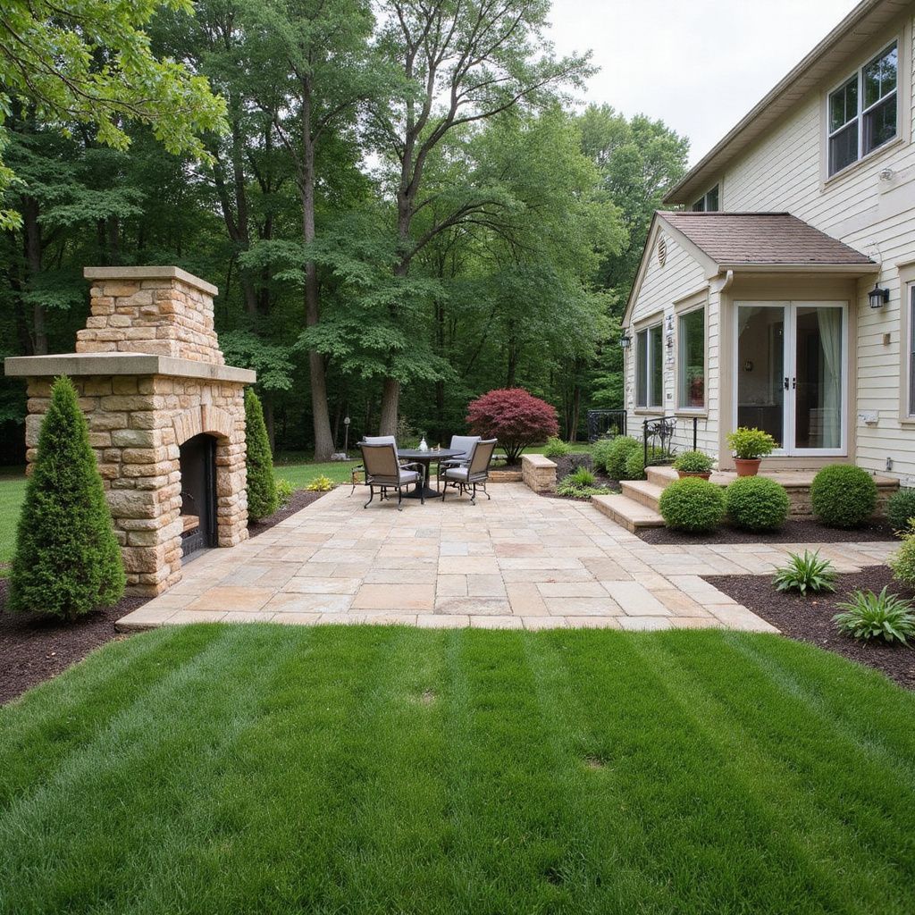 Backyard patio with stone fireplace, table and chairs, and lush green grass.