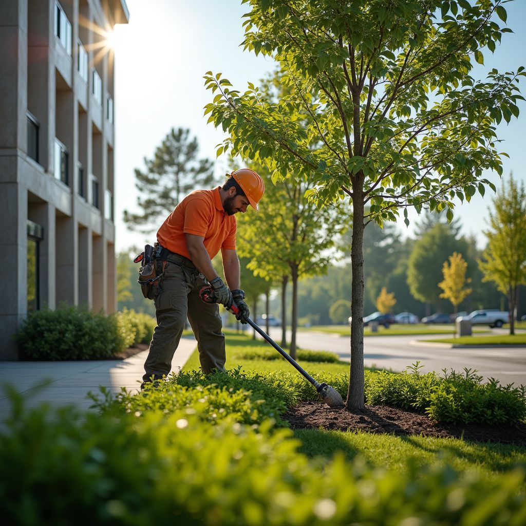 Man in orange shirt and hard hat working on landscaping near a tree, building in the background.