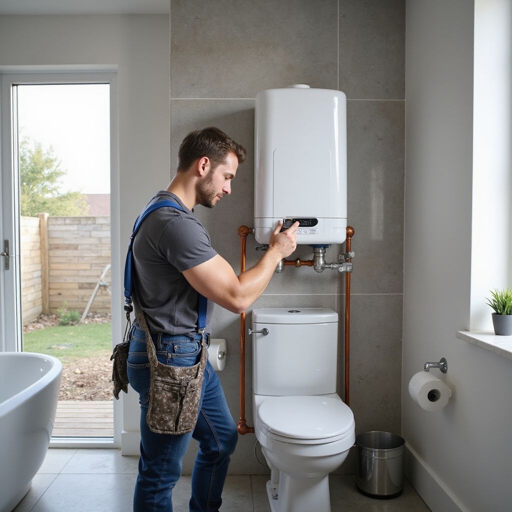 Idraulico al lavoro su uno scaldabagno installato sopra un water in un bagno moderno.