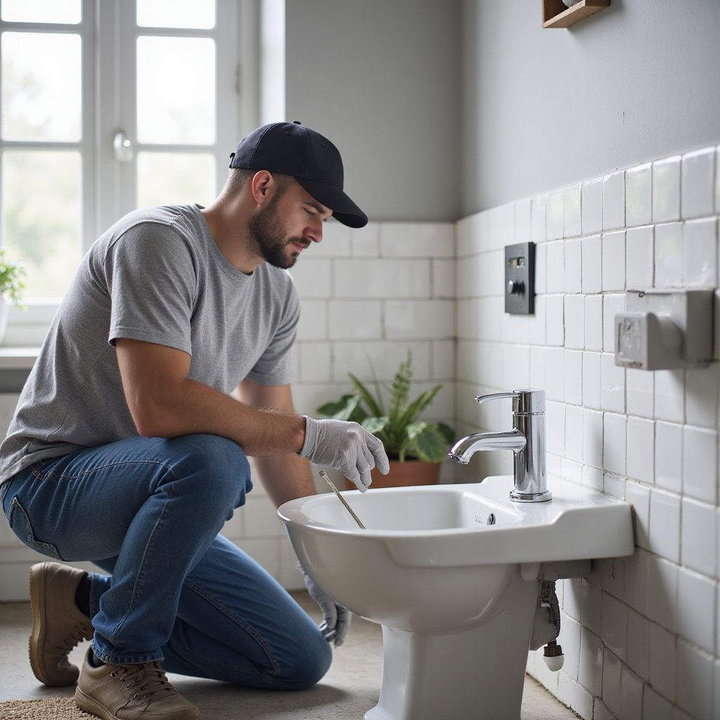 Uomo con berretto e guanti, ispeziona un bidet in un bagno piastrellato di bianco, vicino a una finestra.