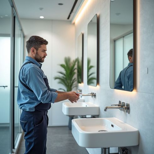 Uomo in tuta blu che lavora al lavandino di un bagno moderno.