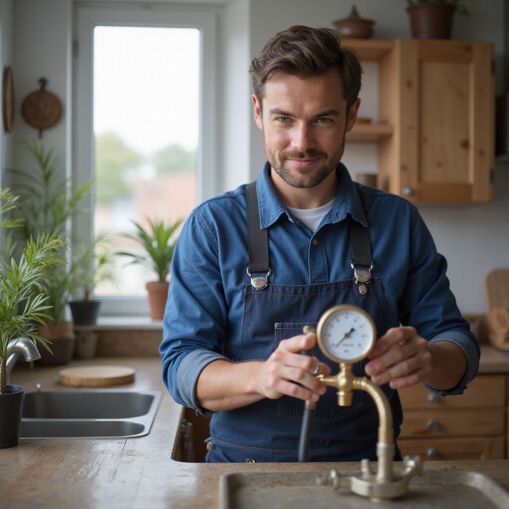 Uomo con grembiule di jeans e manometro in cucina.
