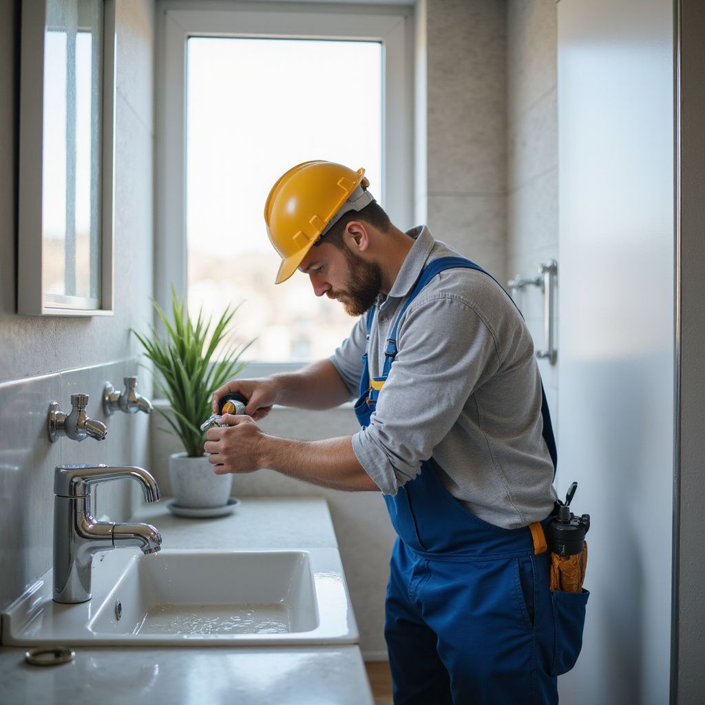 Idraulico in tuta blu e casco giallo al lavoro sul lavandino del bagno.