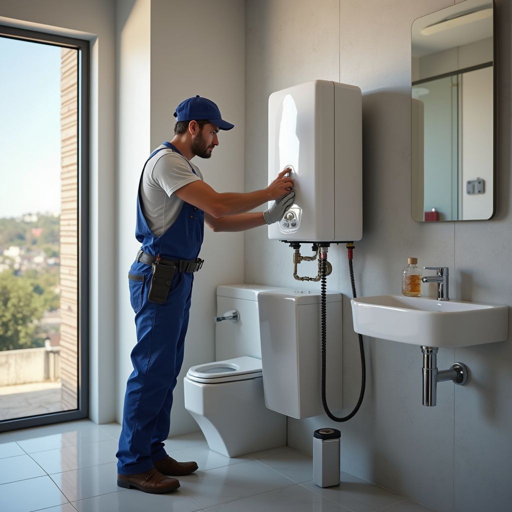 Un idraulico in uniforme blu regola uno scaldabagno in un bagno moderno.