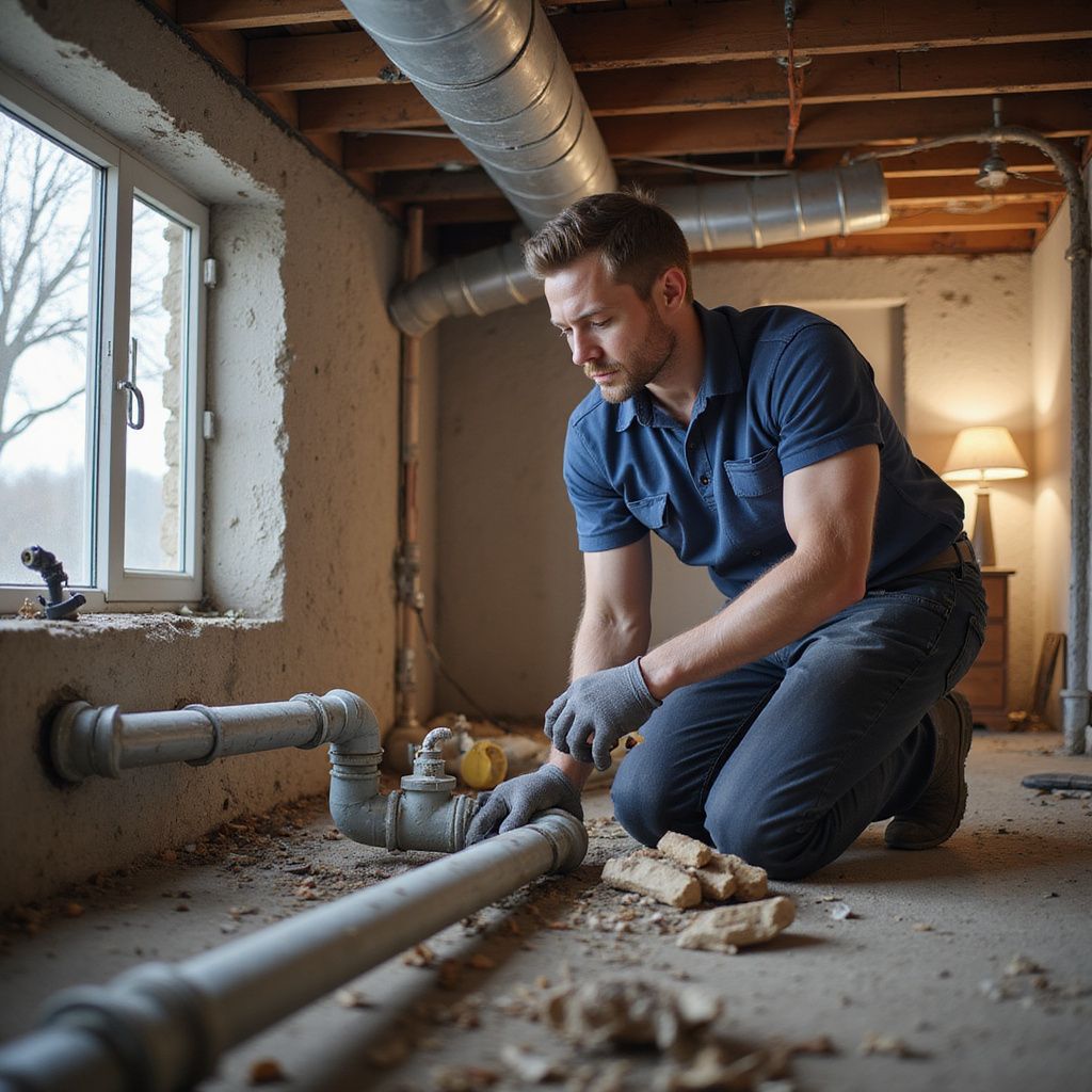 Un uomo in abiti da lavoro è inginocchiato e sta lavorando su delle tubature in un seminterrato.