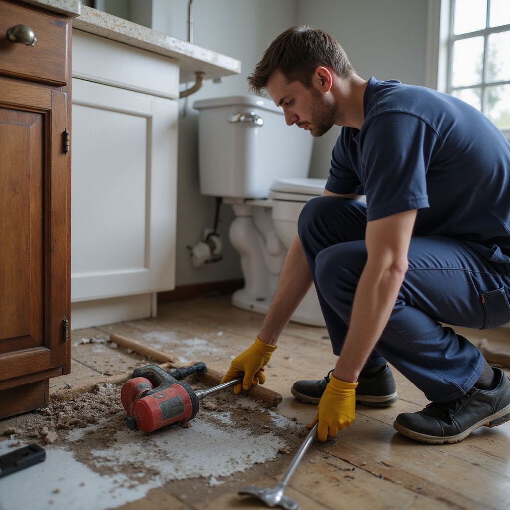 Uomo con i guanti che rimuove il pavimento in un bagno con WC e mobili.