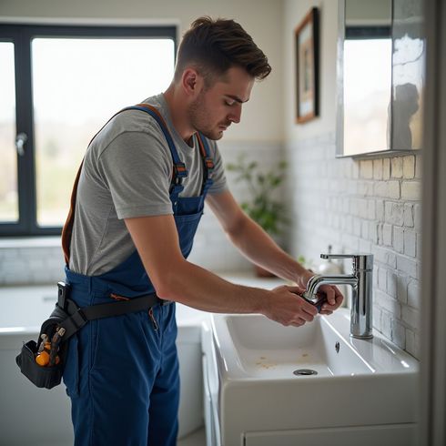 Idraulico in tuta blu al lavoro sul lavandino di un bagno luminoso.