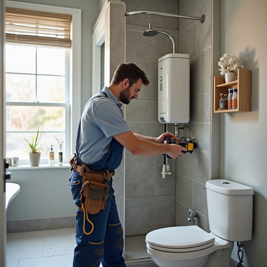 Idraulico che installa uno scaldabagno in un bagno. Indossa una tuta e una cintura portautensili e lavora vicino a un water.