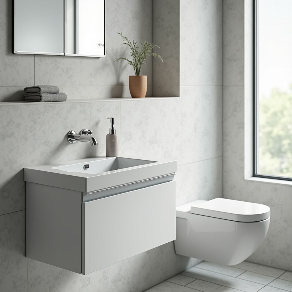 Bagno moderno con lavabo a parete, WC e finestra. Combinazione di colori grigio e bianco, design minimalista.