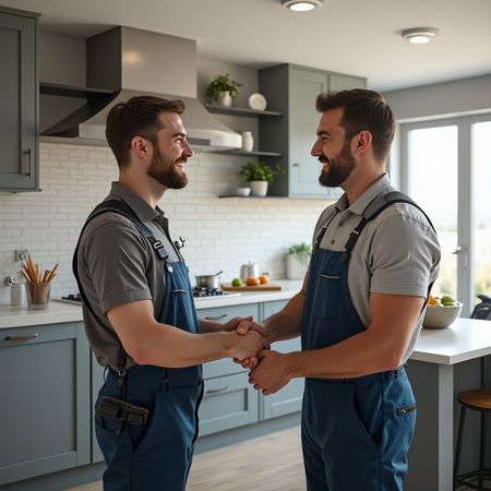 Due uomini in tuta da lavoro si stringono la mano in una cucina moderna. Sorridono e sembrano aver appena trovato un accordo.