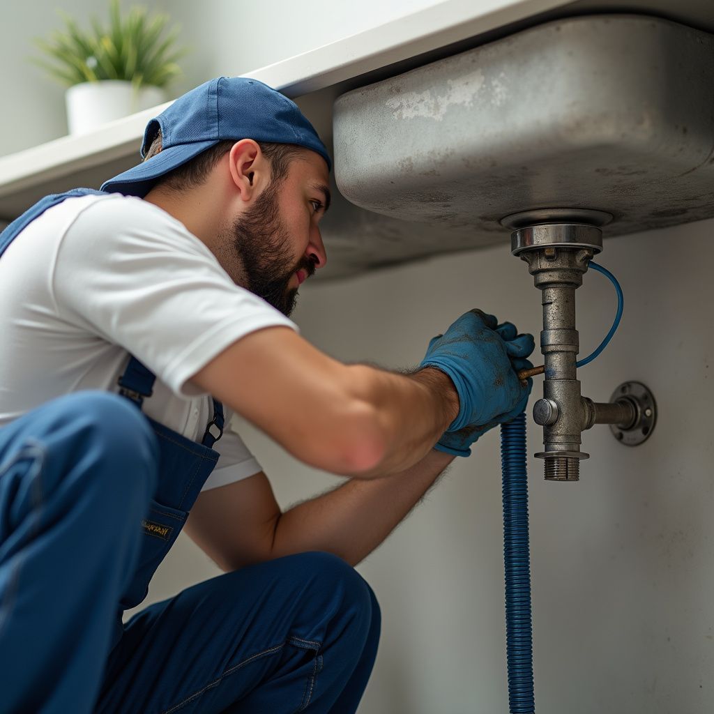 Idraulico in uniforme blu che ripara i tubi di un lavandino, indossando i guanti, in un bagno.