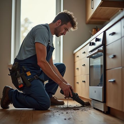 Un uomo in tuta è inginocchiato in cucina e sta usando un utensile sul pavimento, vicino a un forno.