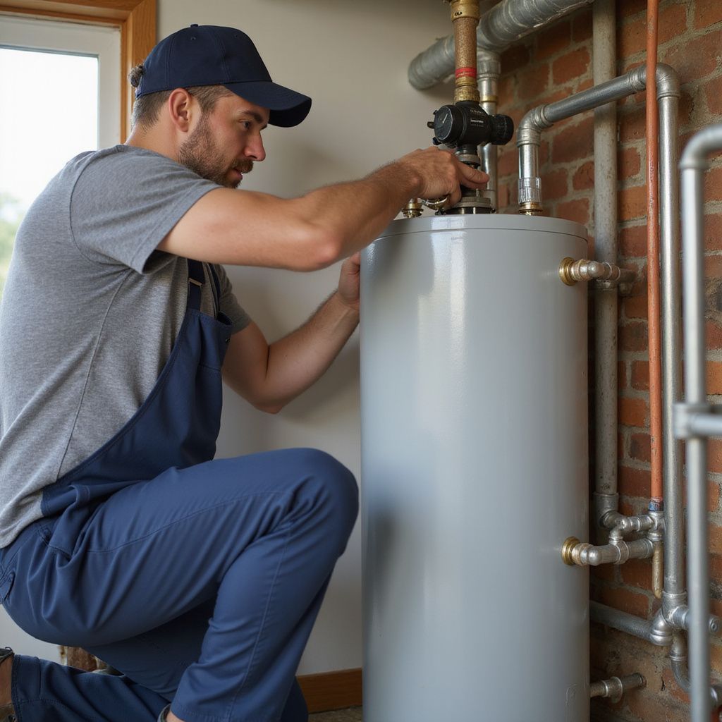 Idraulico in uniforme blu al lavoro su uno scaldabagno, all'interno di una stanza con pareti in mattoni.