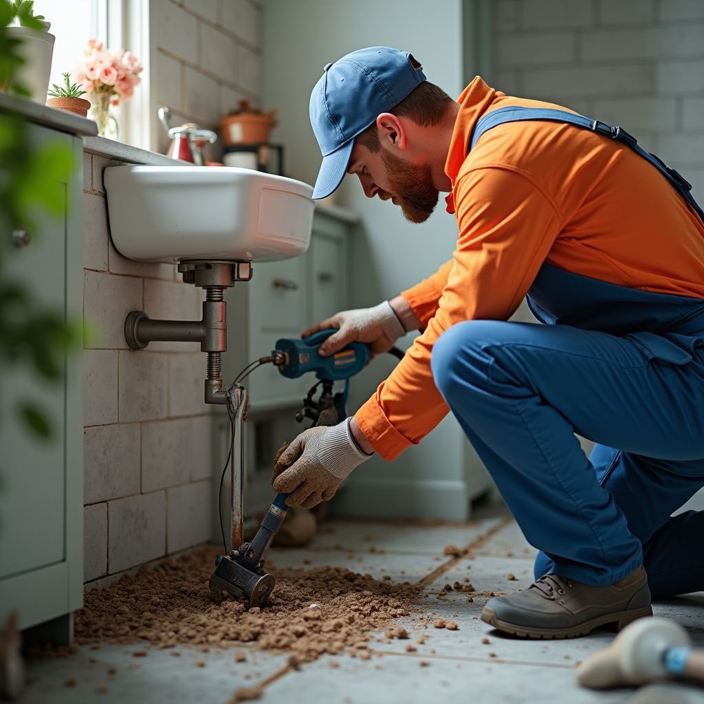 Idraulico che usa una sonda di scarico sotto un lavandino in un bagno