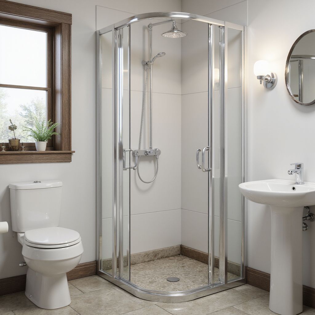 Bagno con doccia angolare, WC e lavabo su piedistallo.