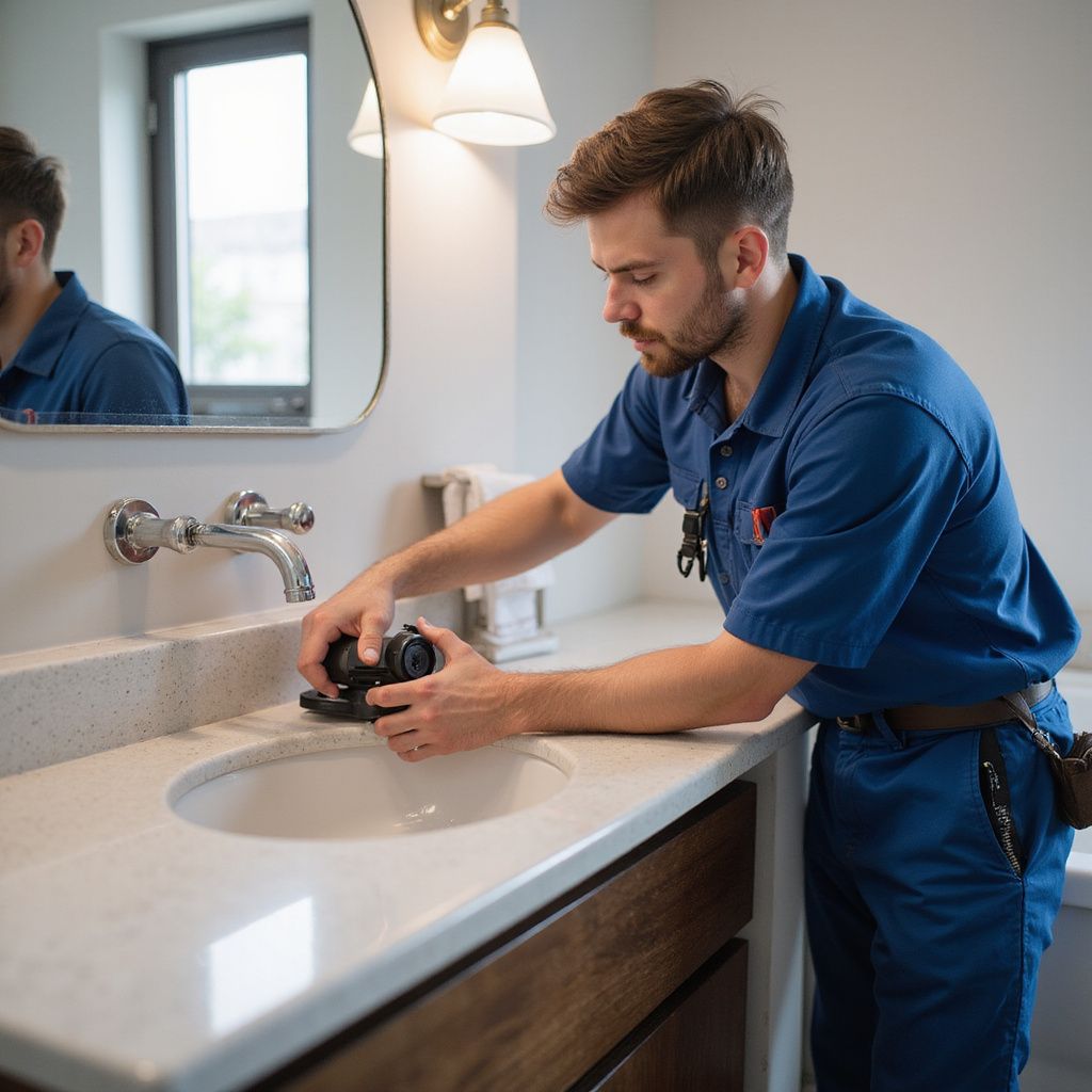 Idraulico in uniforme blu al lavoro sul lavandino in un bagno moderno con specchio.
