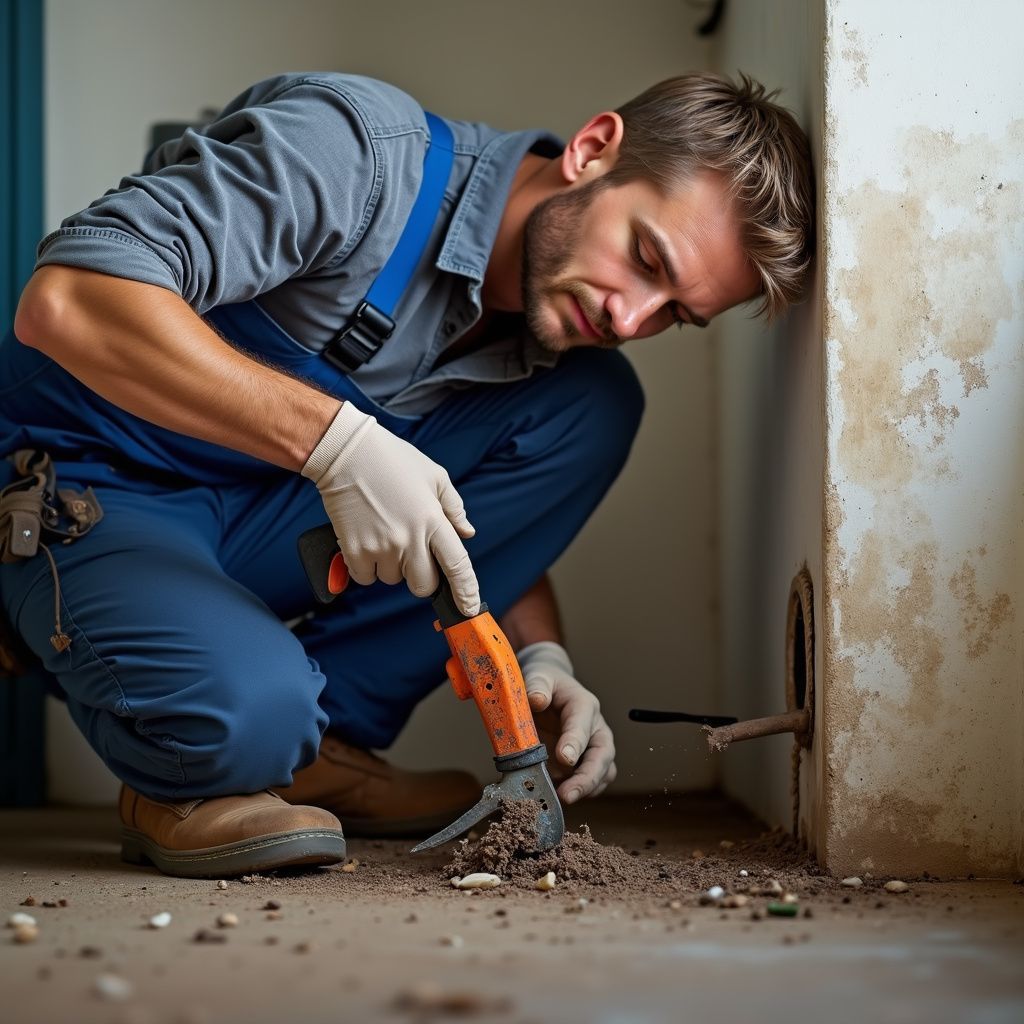 Uomo in tuta che esamina un buco nel muro usando uno strumento. Indossa guanti e stivali da lavoro.