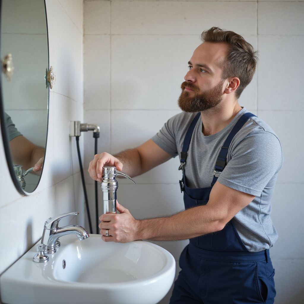 Idraulico in tuta blu, al lavoro sul lavandino del bagno, con barba ed espressione seria.