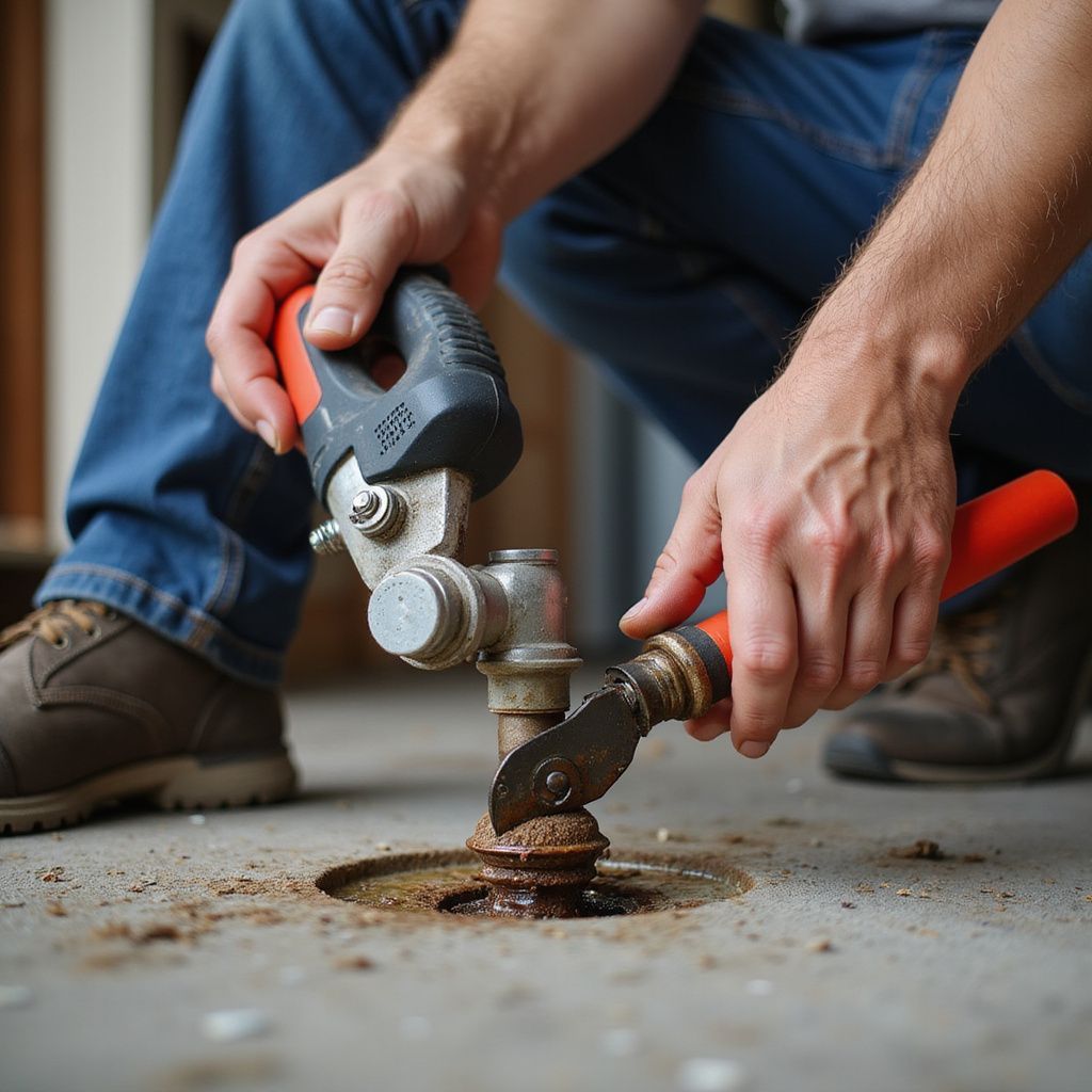 Persona che taglia un tubo con una sega e un attrezzo, vicino al suolo.