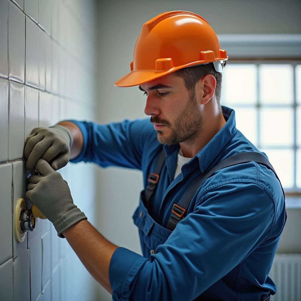 Un operaio con una camicia blu e un casco arancione sta installando l'impianto idraulico in un bagno piastrellato.