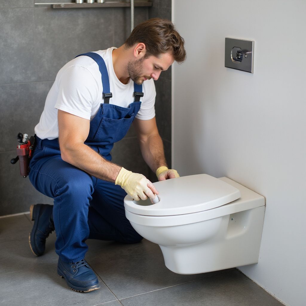 Un idraulico in tuta blu è inginocchiato mentre installa un water sospeso in un bagno moderno.
