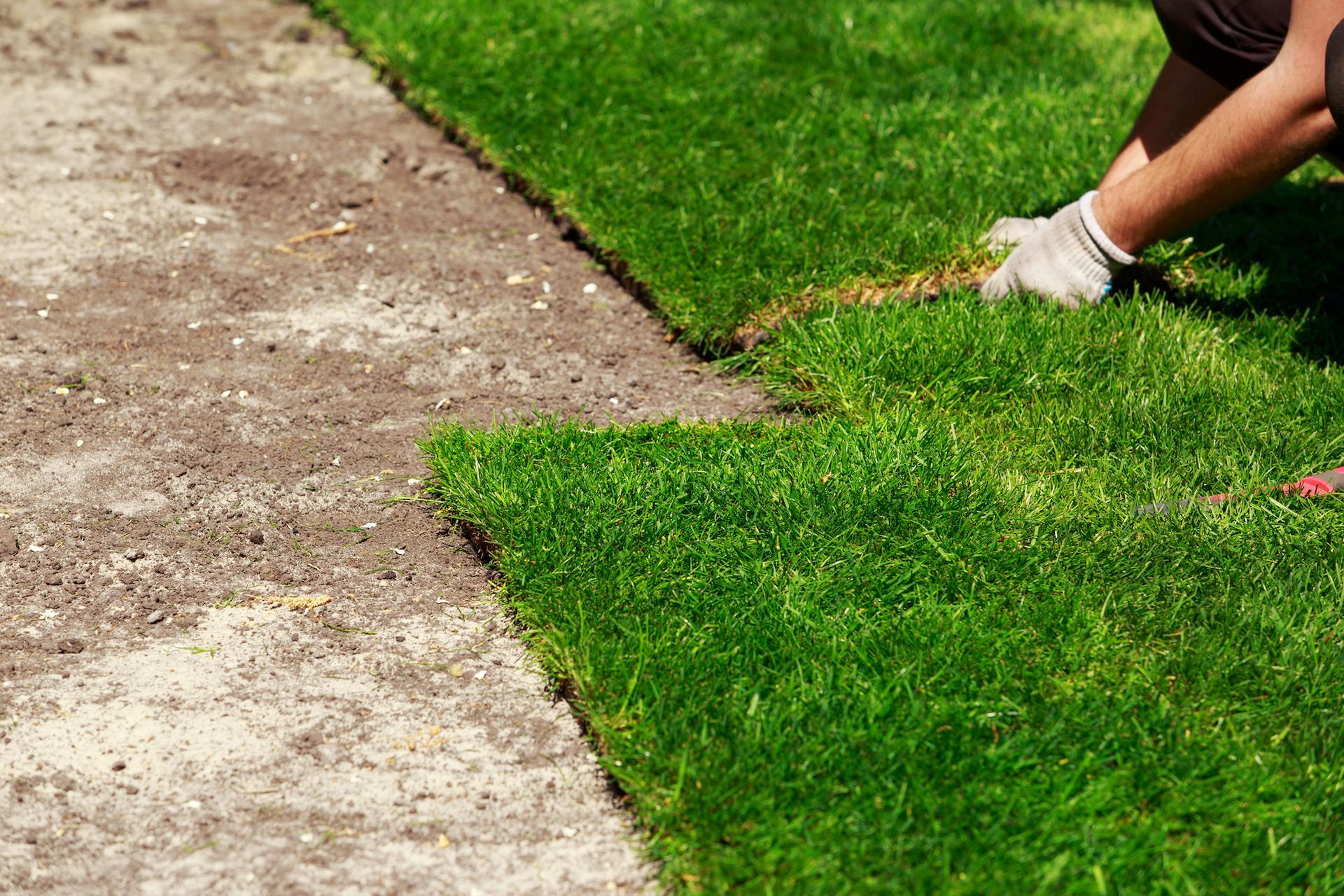 A person is laying a roll of grass on the ground.