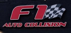 F1 Auto Collision logo with red text and checkered flag on a dark background