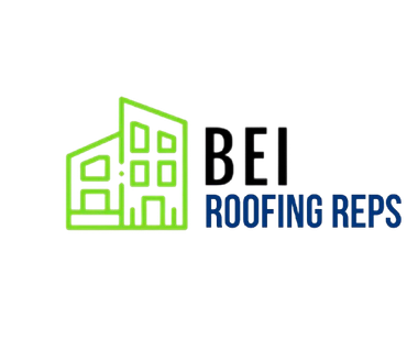 The logo for bei roofing shows a building with a green roof.